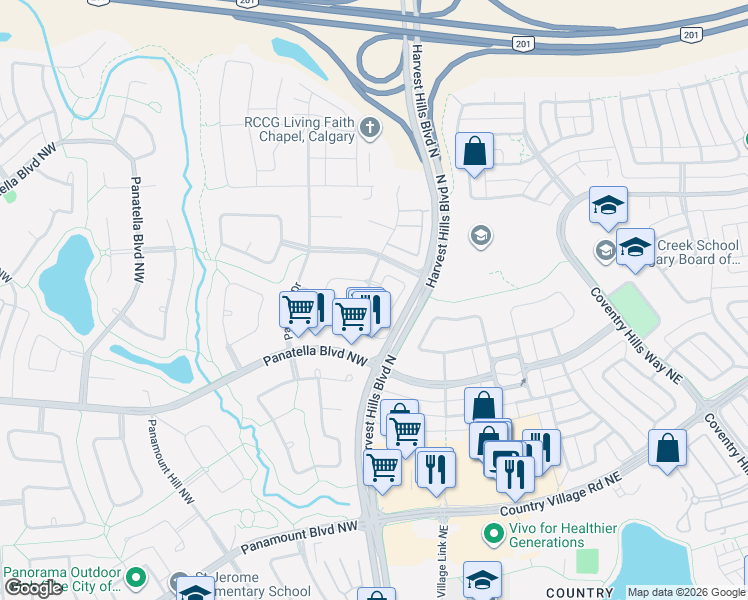 map of restaurants, bars, coffee shops, grocery stores, and more near 2 Panatella Way Northwest in Calgary