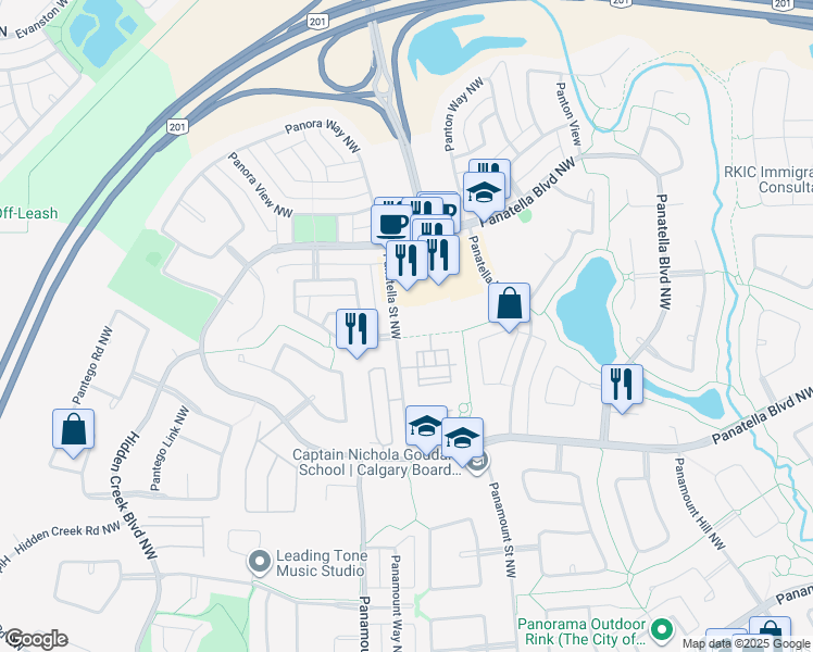 map of restaurants, bars, coffee shops, grocery stores, and more near 130 Panatella Street Northwest in Calgary