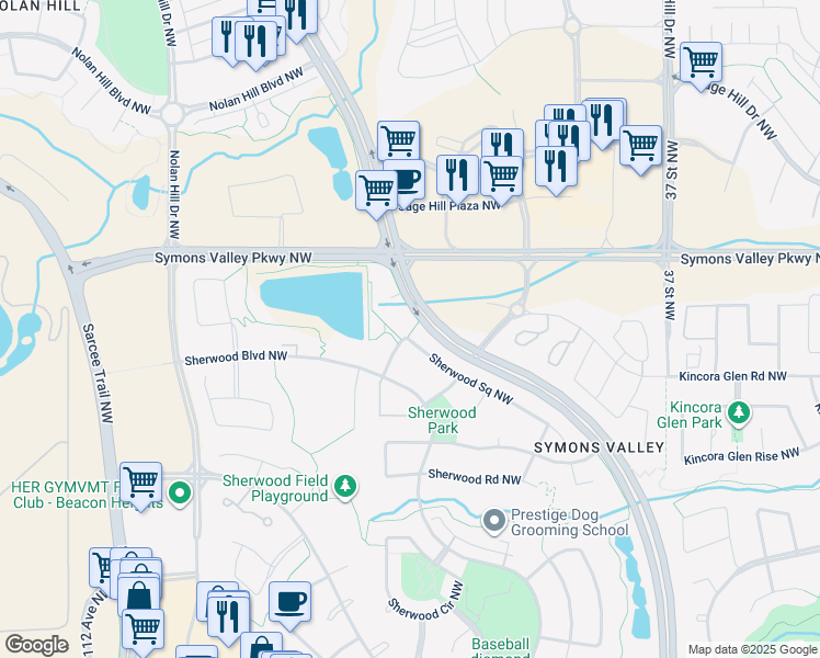 map of restaurants, bars, coffee shops, grocery stores, and more near 218 Sherwood Square Northwest in Calgary