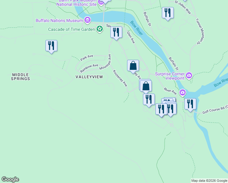 map of restaurants, bars, coffee shops, grocery stores, and more near 241 Kluane Drive in Banff