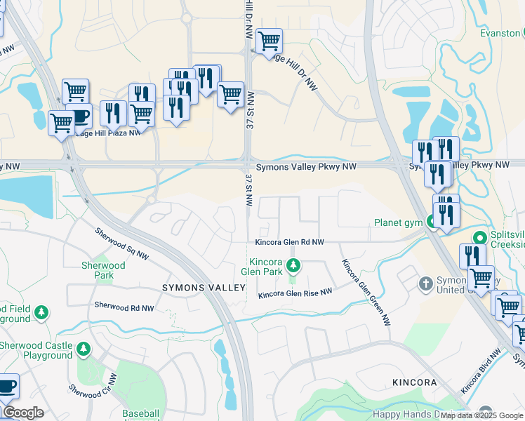 map of restaurants, bars, coffee shops, grocery stores, and more near 28 Kinlea Common Northwest in Calgary