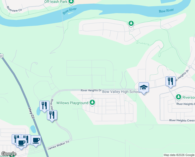 map of restaurants, bars, coffee shops, grocery stores, and more near 6 Rivercrest Common in Cochrane