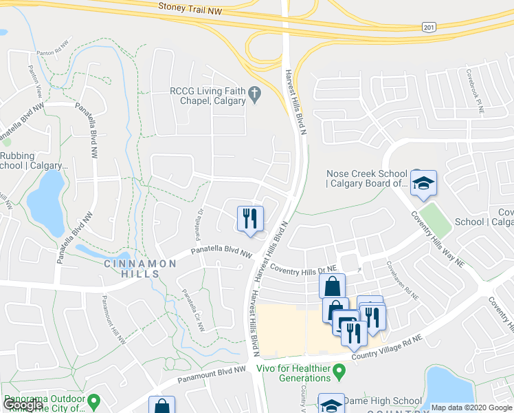 map of restaurants, bars, coffee shops, grocery stores, and more near 2 Panatella Way Northwest in Calgary