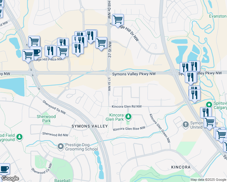 map of restaurants, bars, coffee shops, grocery stores, and more near Kinlea Common Northwest in Calgary