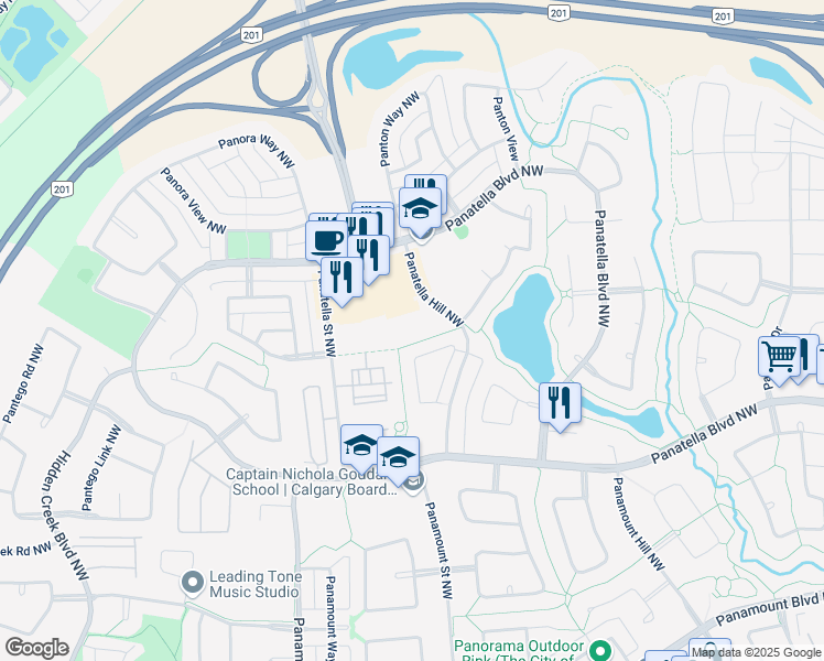 map of restaurants, bars, coffee shops, grocery stores, and more near 175 Panatella Hill Northwest in Calgary