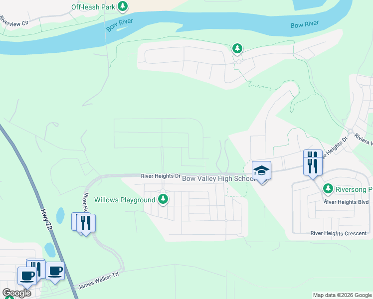 map of restaurants, bars, coffee shops, grocery stores, and more near 6 Rivercrest Common in Cochrane