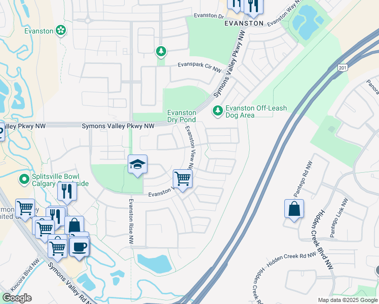 map of restaurants, bars, coffee shops, grocery stores, and more near 424 Evanston View Northwest in Calgary