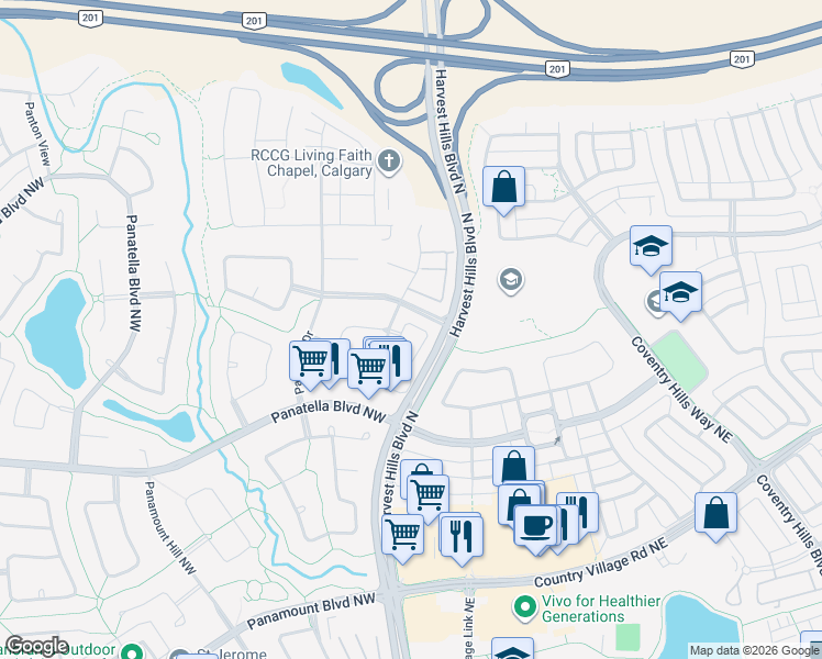 map of restaurants, bars, coffee shops, grocery stores, and more near 165 Panatella Park Northwest in Calgary