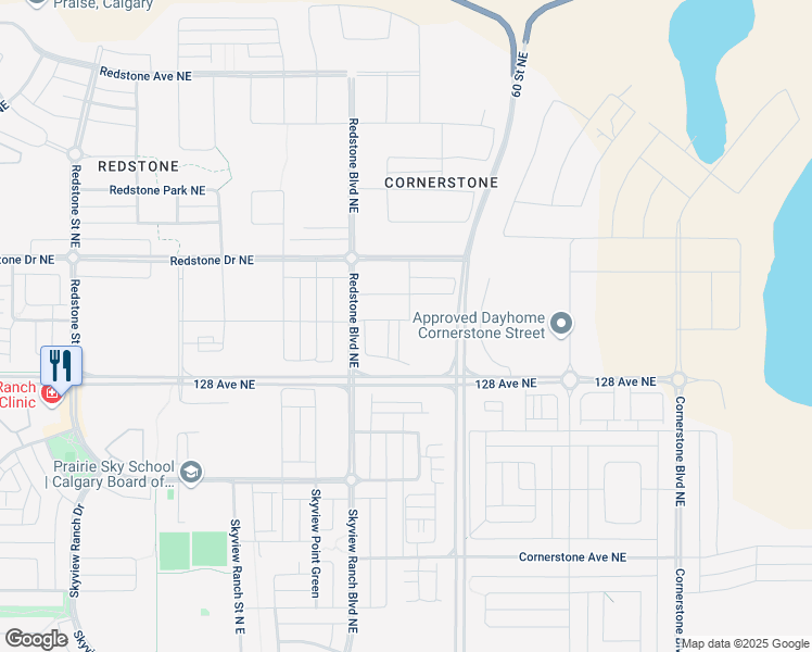 map of restaurants, bars, coffee shops, grocery stores, and more near Skyview Ranch Boulevard Northeast in Calgary