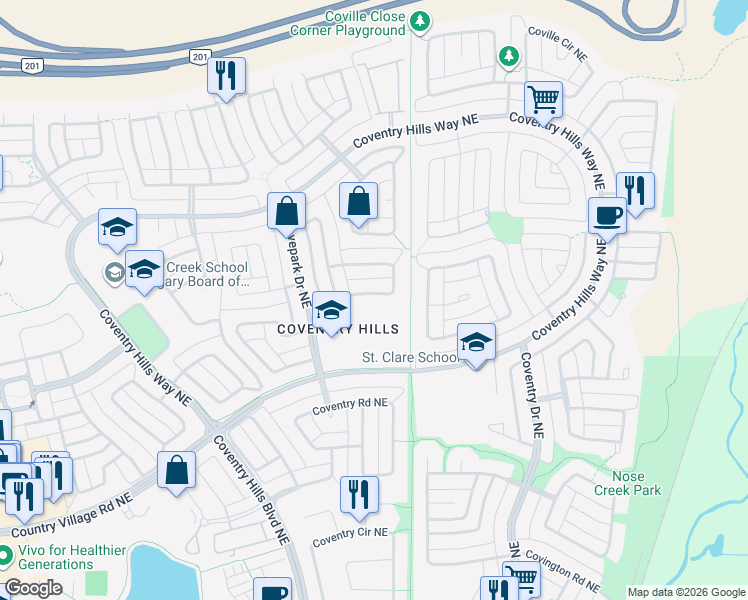 map of restaurants, bars, coffee shops, grocery stores, and more near 37 Covepark Crescent Northeast in Calgary