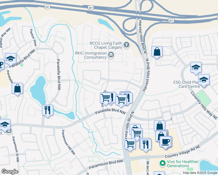 map of restaurants, bars, coffee shops, grocery stores, and more near 84 Panatella Drive Northwest in Calgary