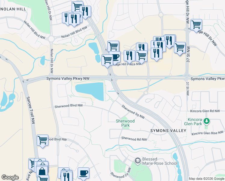 map of restaurants, bars, coffee shops, grocery stores, and more near 218 Sherwood Square Northwest in Calgary
