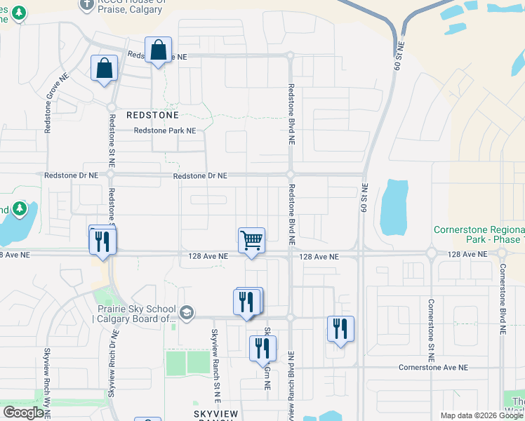 map of restaurants, bars, coffee shops, grocery stores, and more near 96 Red Embers Crescent in Calgary