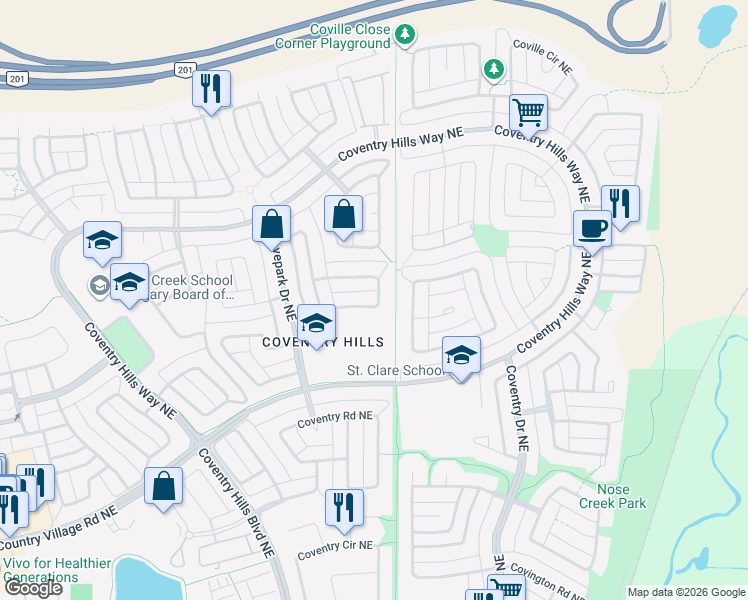 map of restaurants, bars, coffee shops, grocery stores, and more near 37 Covepark Crescent Northeast in Calgary