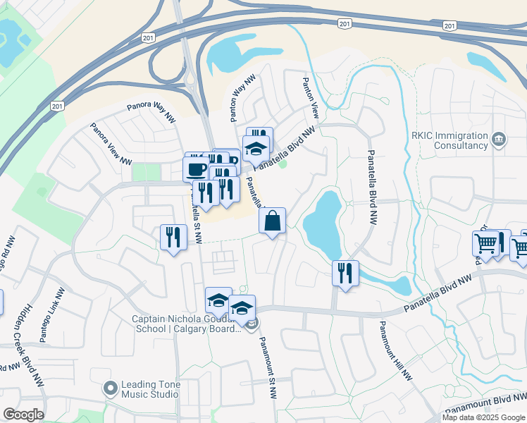 map of restaurants, bars, coffee shops, grocery stores, and more near 175 Panatella Hill Northwest in Calgary