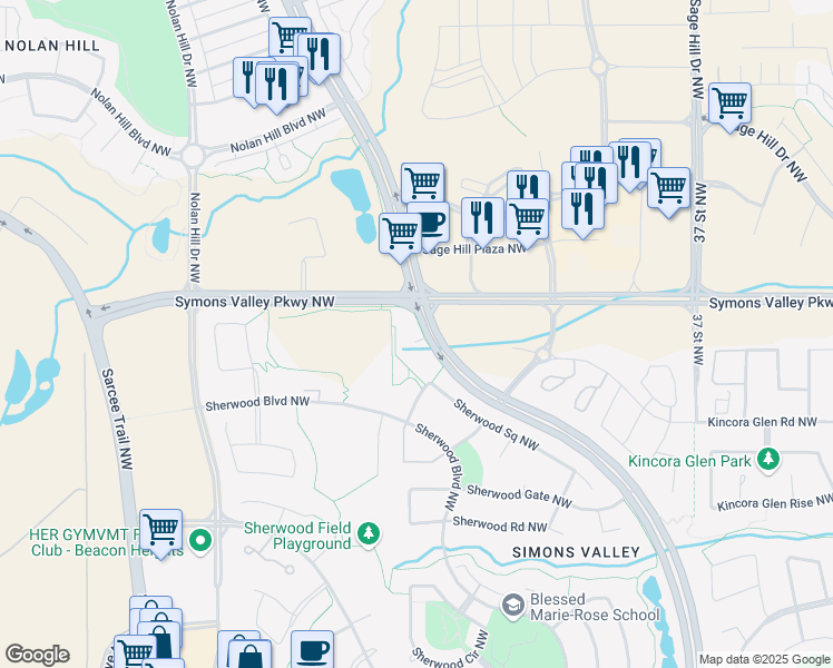 map of restaurants, bars, coffee shops, grocery stores, and more near 218 Sherwood Square Northwest in Calgary