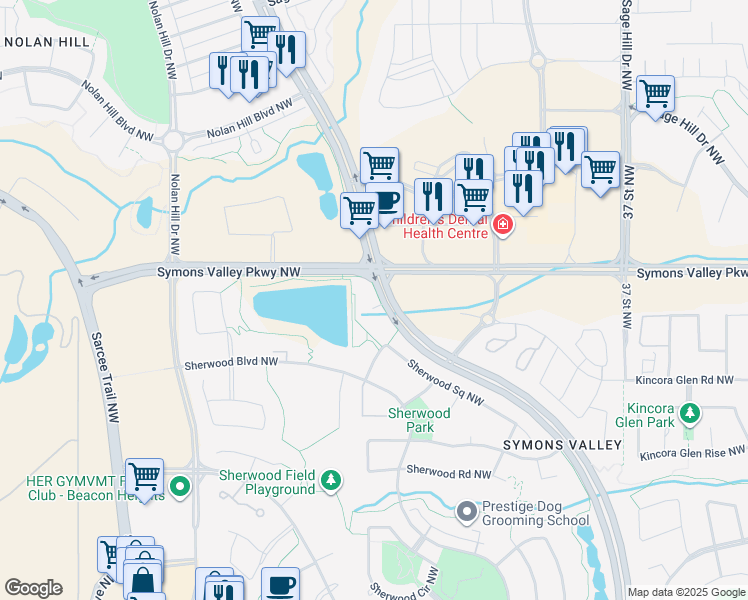 map of restaurants, bars, coffee shops, grocery stores, and more near 218 Sherwood Square Northwest in Calgary