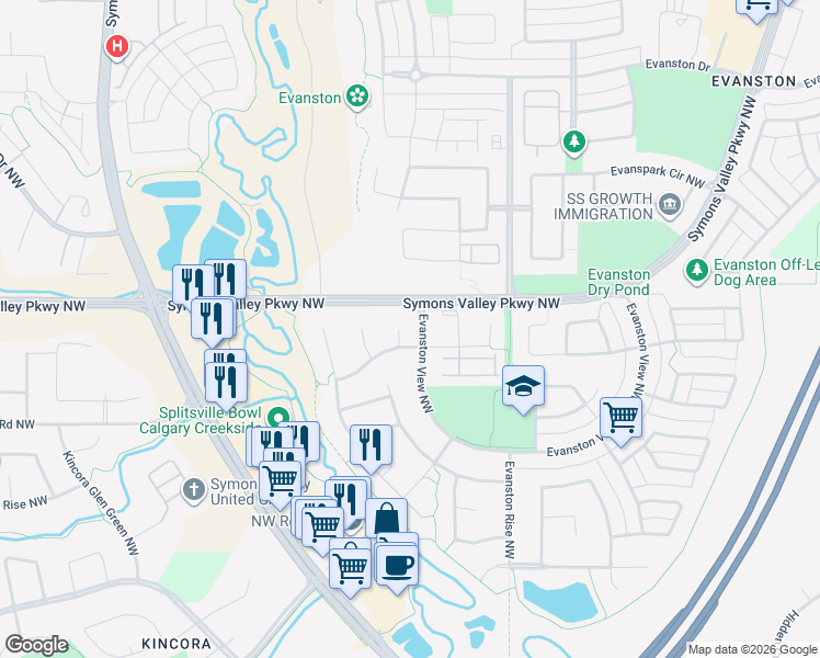 map of restaurants, bars, coffee shops, grocery stores, and more near 22 Evansbrooke Heights Northwest in Calgary