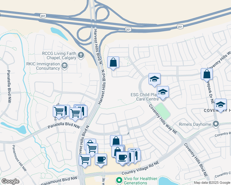map of restaurants, bars, coffee shops, grocery stores, and more near 12500 Harvest Hills Boulevard North in Calgary