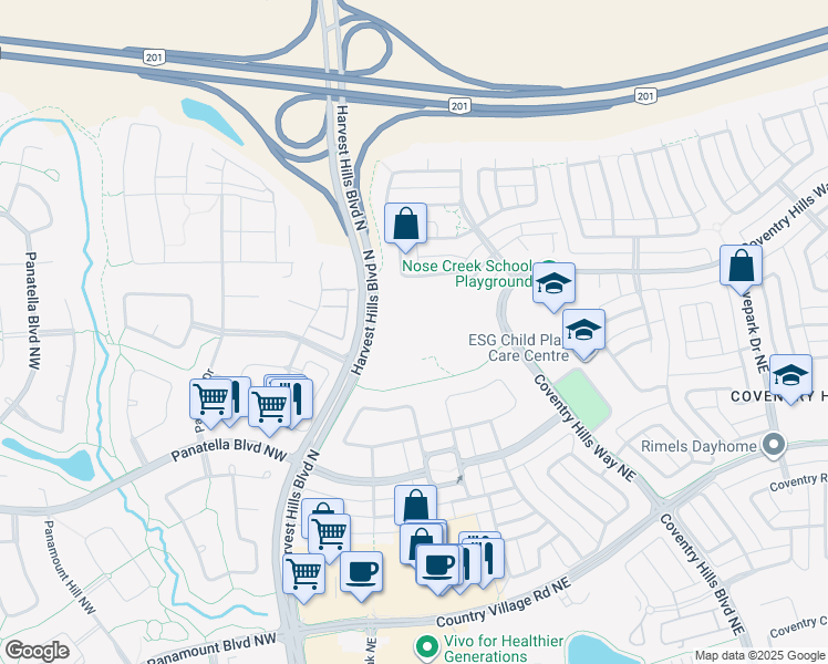 map of restaurants, bars, coffee shops, grocery stores, and more near 12500 Harvest Hills Boulevard North in Calgary