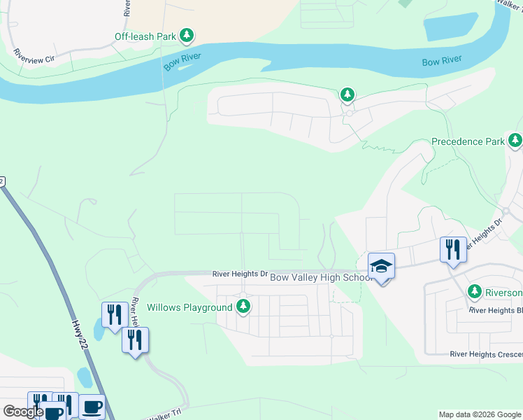 map of restaurants, bars, coffee shops, grocery stores, and more near Township Road 254A in Cochrane