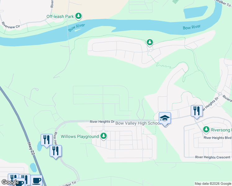 map of restaurants, bars, coffee shops, grocery stores, and more near Township Road 254A in Cochrane