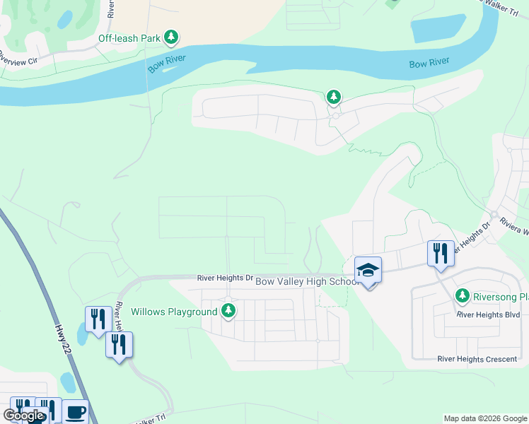 map of restaurants, bars, coffee shops, grocery stores, and more near Township Road 254A in Cochrane