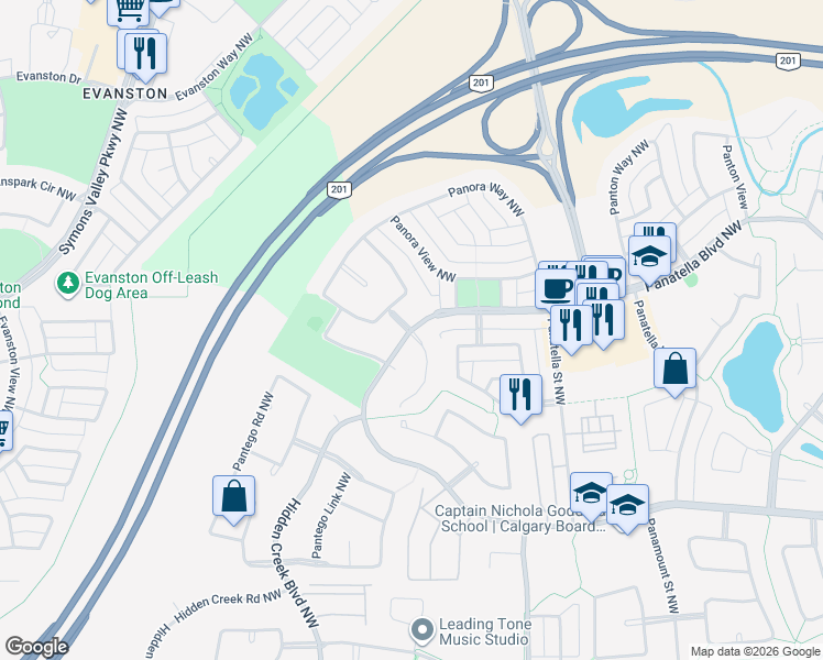 map of restaurants, bars, coffee shops, grocery stores, and more near Panora Heights in Calgary