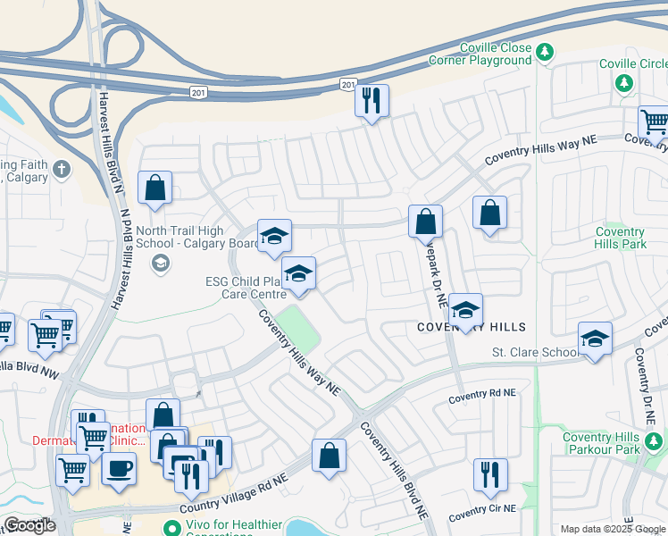 map of restaurants, bars, coffee shops, grocery stores, and more near 235 Covepark Green Northeast in Calgary