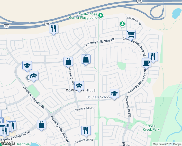 map of restaurants, bars, coffee shops, grocery stores, and more near 133 Covepark Crescent Northeast in Calgary