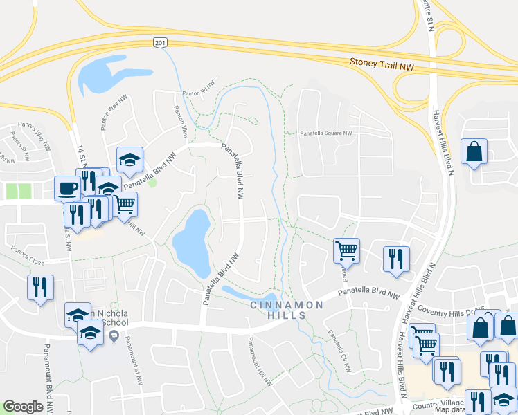 map of restaurants, bars, coffee shops, grocery stores, and more near 355 Panatella Heath Northwest in Calgary