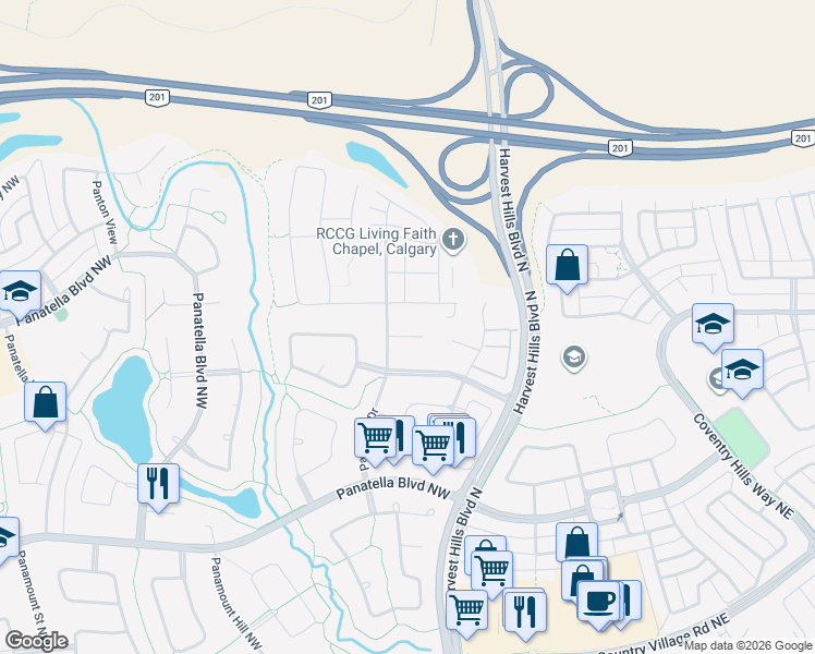 map of restaurants, bars, coffee shops, grocery stores, and more near 24 Panatella Mews Northwest in Calgary