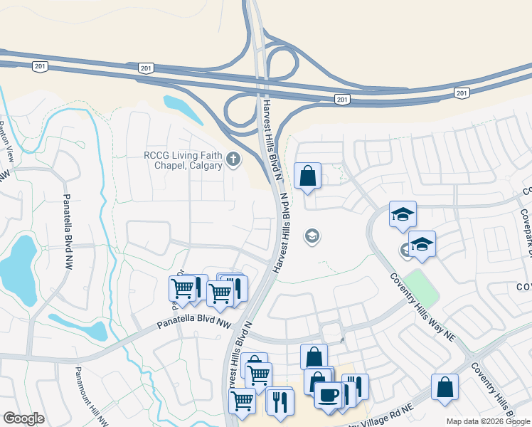 map of restaurants, bars, coffee shops, grocery stores, and more near 125 Panatella Way Northwest in Calgary