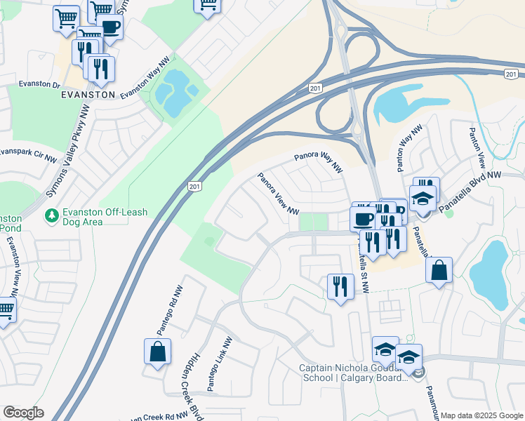 map of restaurants, bars, coffee shops, grocery stores, and more near Panora Way Northwest in Calgary