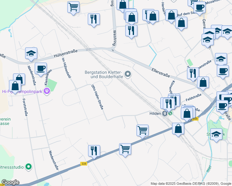 map of restaurants, bars, coffee shops, grocery stores, and more near in Hilden