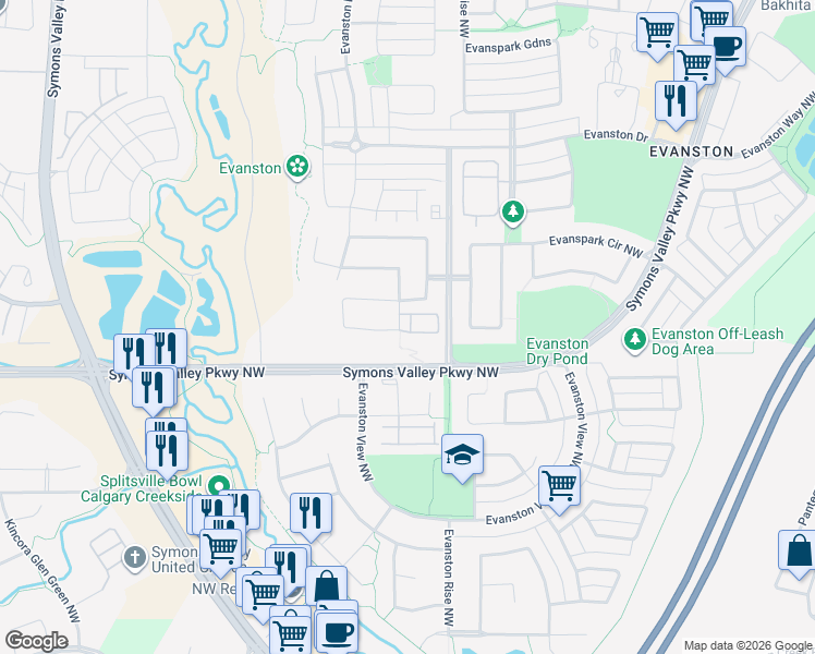 map of restaurants, bars, coffee shops, grocery stores, and more near 56 Evansview Road Northwest in Calgary