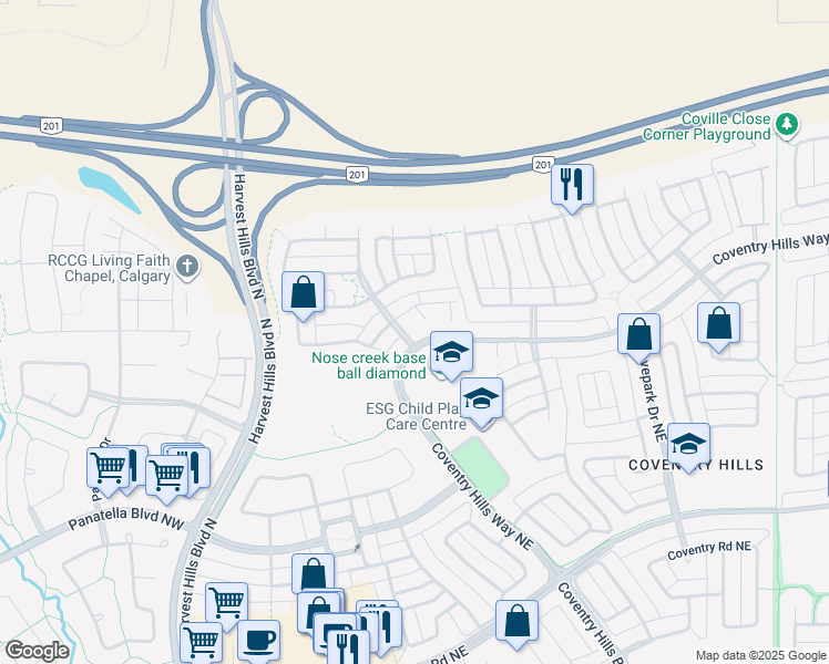map of restaurants, bars, coffee shops, grocery stores, and more near 4 Covemeadow Road Northeast in Calgary