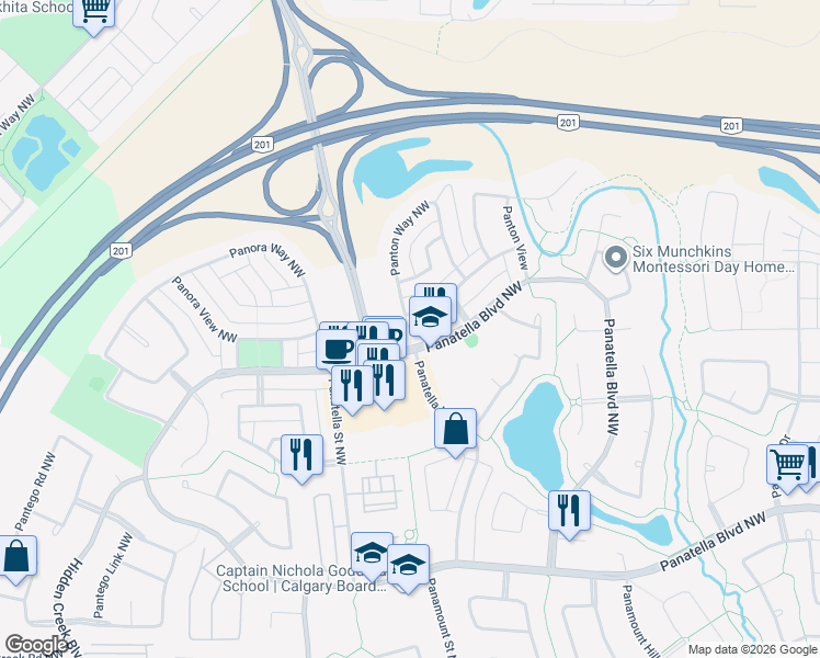 map of restaurants, bars, coffee shops, grocery stores, and more near 4 Panton Court Northwest in Calgary