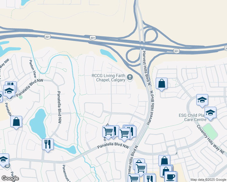 map of restaurants, bars, coffee shops, grocery stores, and more near 212 Panatella Drive Northwest in Calgary