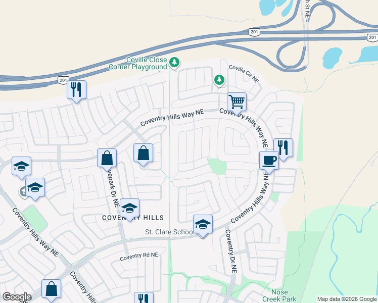 map of restaurants, bars, coffee shops, grocery stores, and more near 53 Covewood Manor Northeast in Calgary