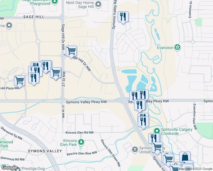 map of restaurants, bars, coffee shops, grocery stores, and more near 351 Sage Meadows Circle Northwest in Calgary