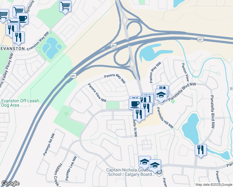 map of restaurants, bars, coffee shops, grocery stores, and more near 49 Panora Road Northwest in Calgary