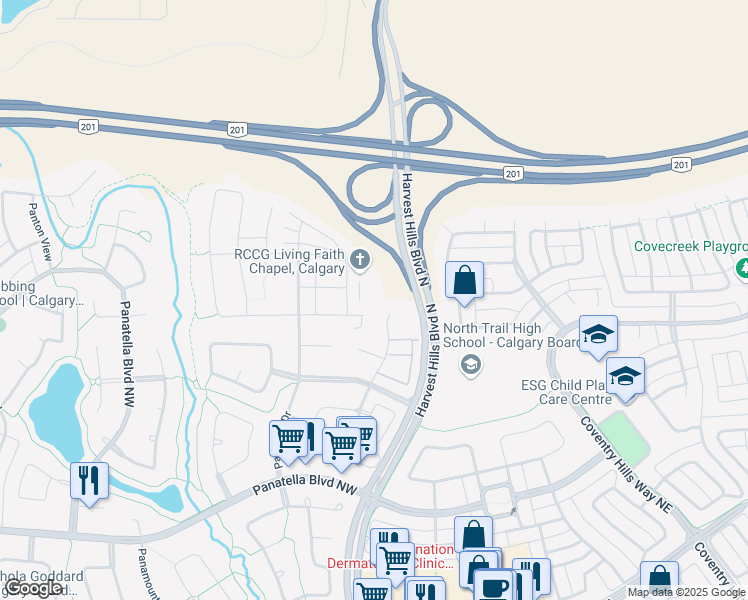 map of restaurants, bars, coffee shops, grocery stores, and more near 101 Panatella Square Northwest in Calgary