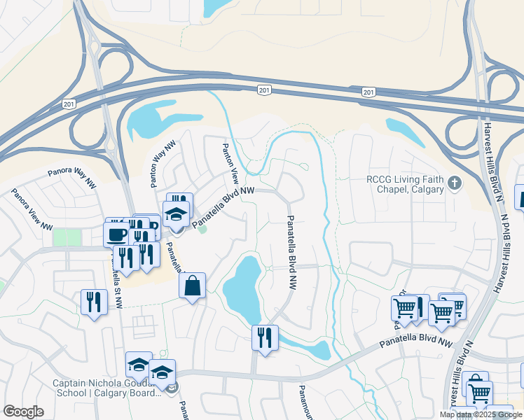 map of restaurants, bars, coffee shops, grocery stores, and more near 159 100 Panatella Cape Northwest in Calgary