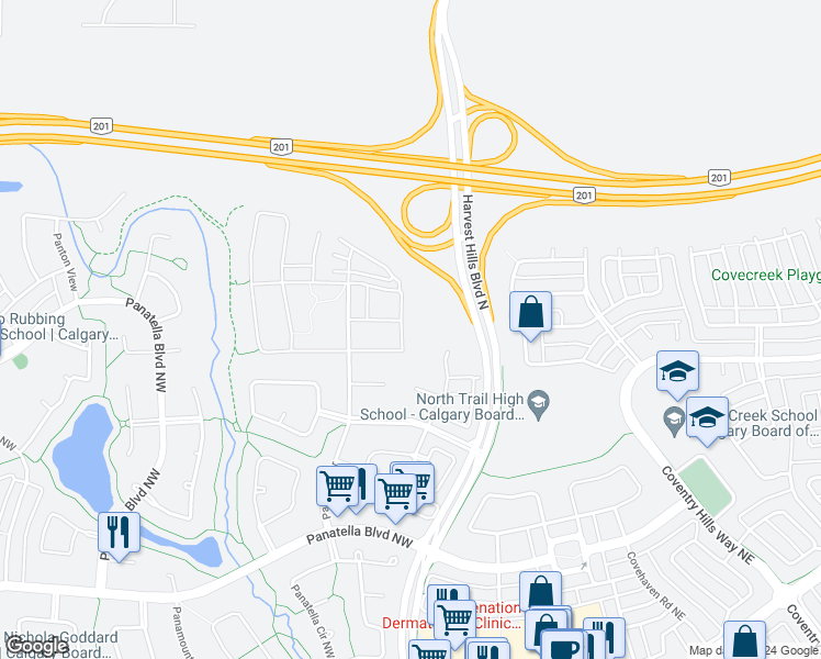 map of restaurants, bars, coffee shops, grocery stores, and more near 101 Panatella Square Northwest in Calgary