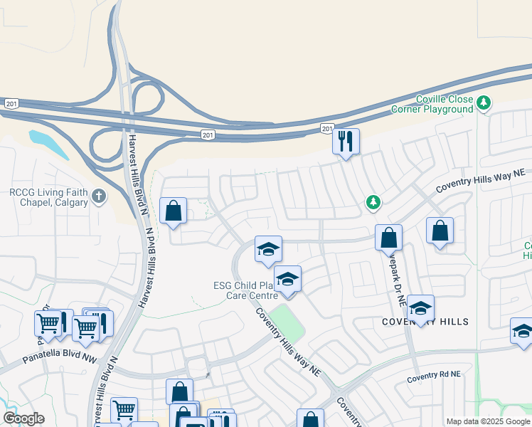 map of restaurants, bars, coffee shops, grocery stores, and more near 56 Covemeadow Manor Northeast in Calgary