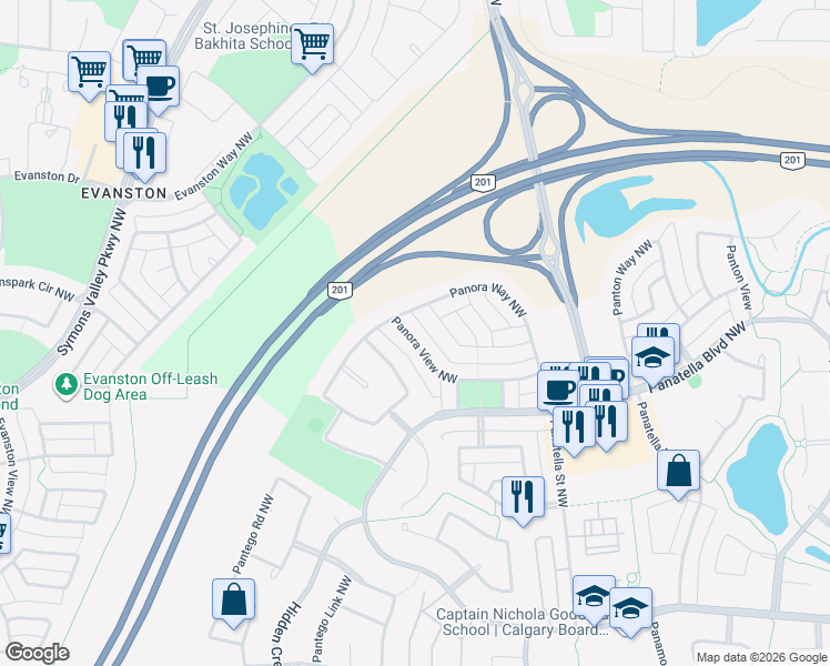 map of restaurants, bars, coffee shops, grocery stores, and more near 76 Panora View Northwest in Calgary
