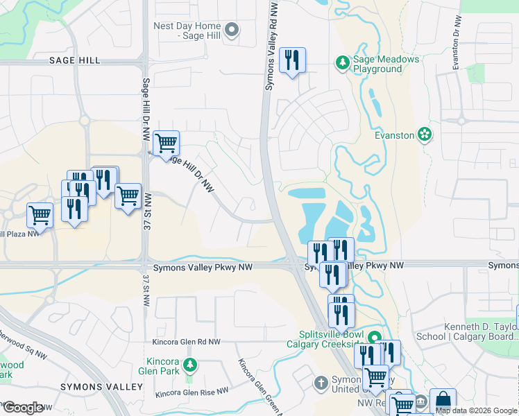 map of restaurants, bars, coffee shops, grocery stores, and more near 12999 Symons Valley Road Northwest in Calgary