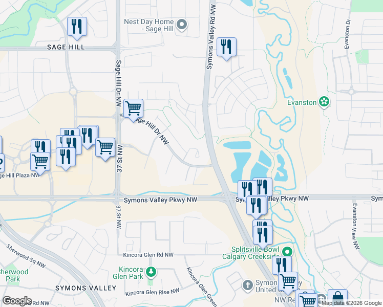 map of restaurants, bars, coffee shops, grocery stores, and more near 8 Sage Hill Terrace Northwest in Calgary