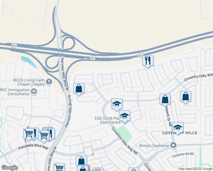 map of restaurants, bars, coffee shops, grocery stores, and more near 114 Covemeadow Close Northeast in Calgary